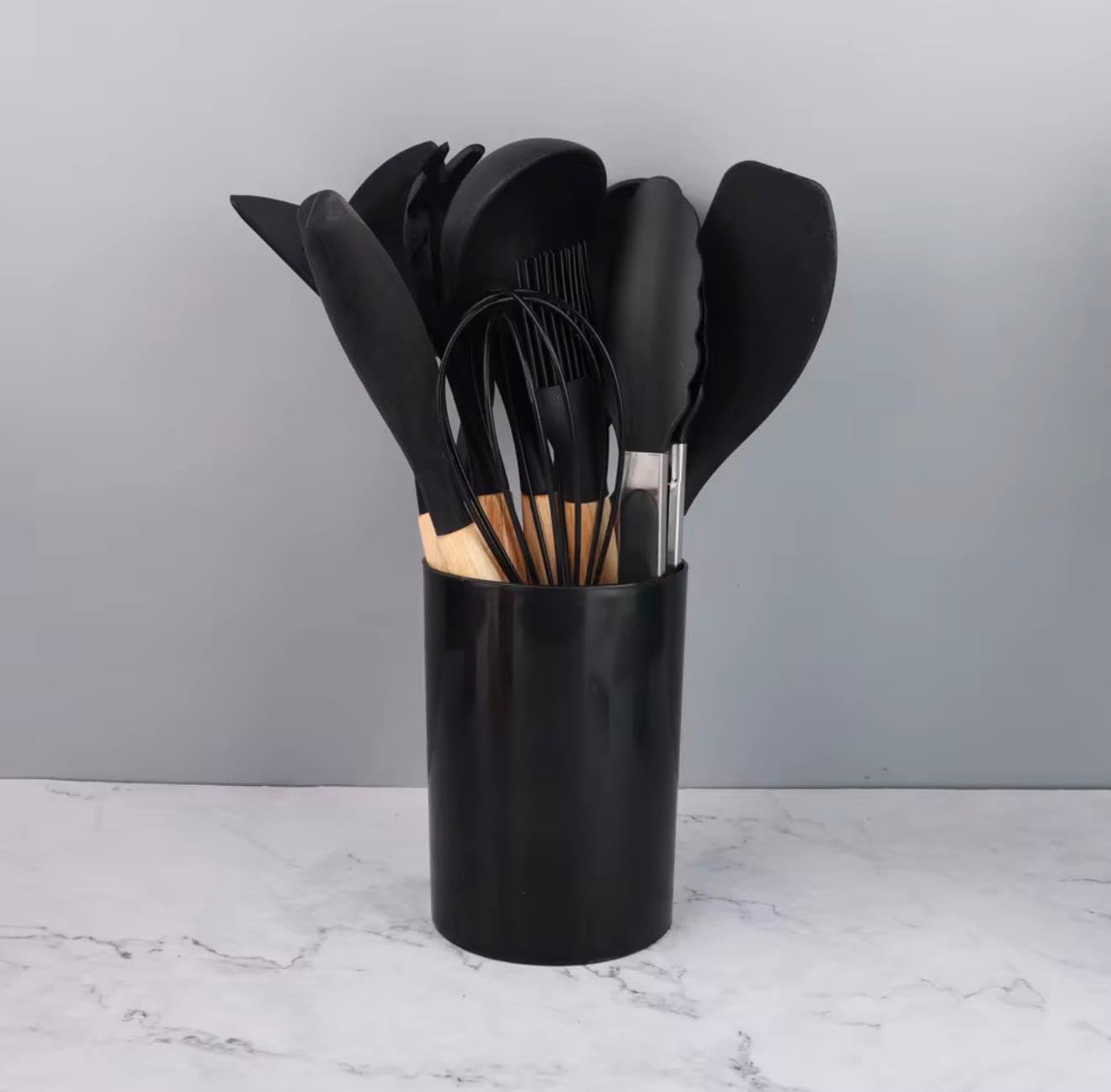 Silicone Kitchen Utensil Set with Wooden Handles – 12 Pieces + Holder, Heat Resistant, Non-Stick Cooking Tools (Multiple Colors (black)