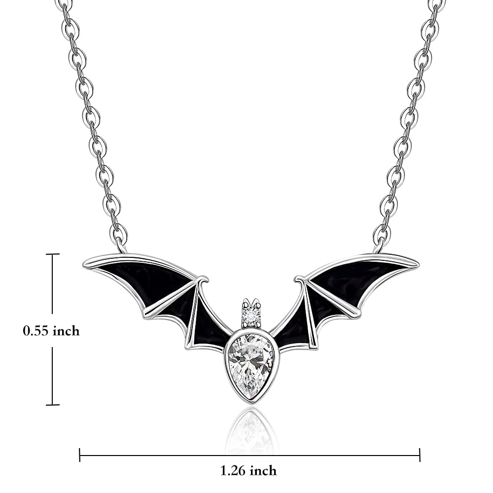 Halloween Bat Necklace for Women Sterling Silver 925 Bat Pendant Necklaces Charms Gothic Black Bats Jewelry CZ Crystal Dainty Vampire Witch Christmas Gifts
