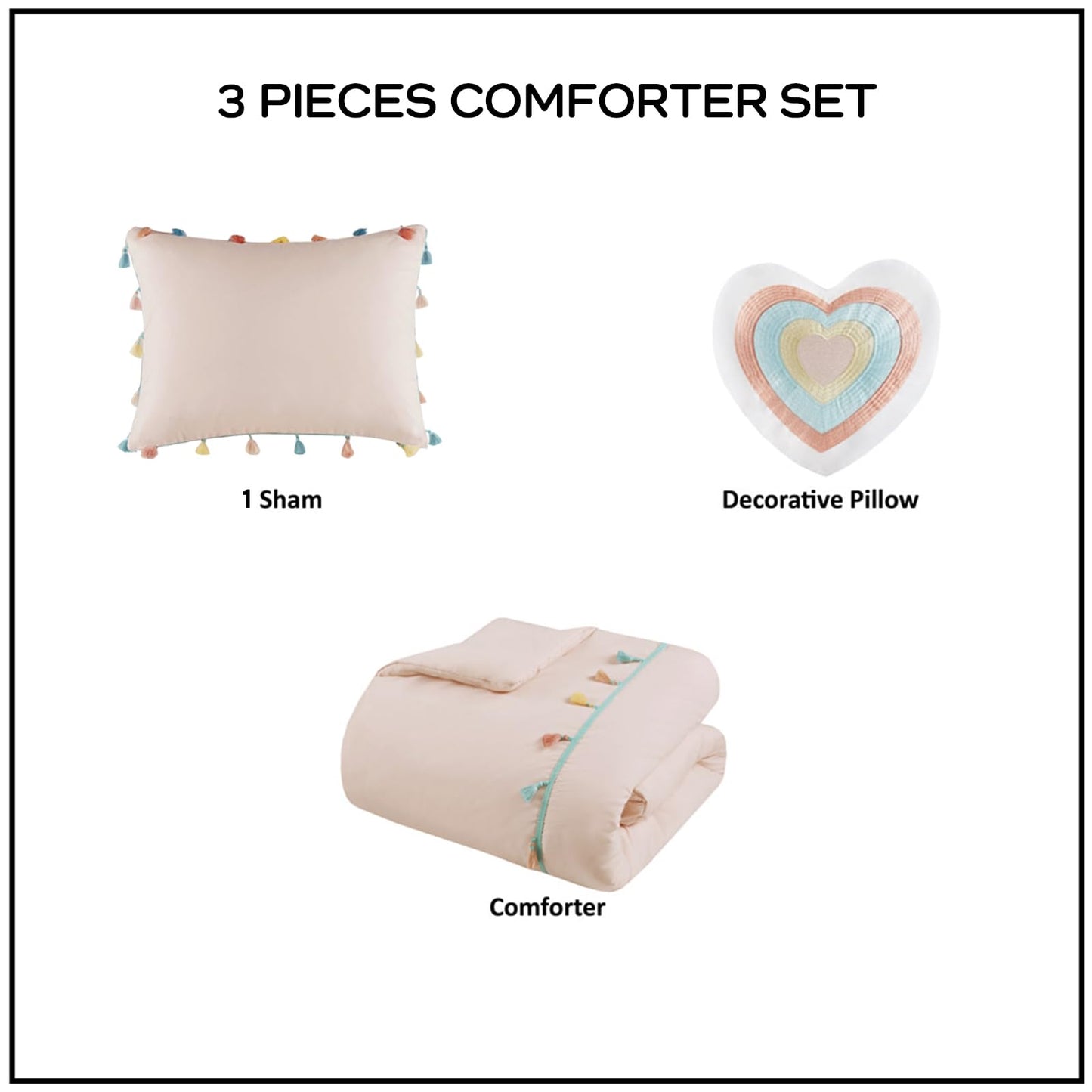 Intelligent Design Kids Twin Comforter Set for Girls, Pink Twin Comforter Set, Tessa Adorable Twin Bedding Sets for Girls, Fun Pom Pom Tassel, Sham, Boho Heart Throw Pillow, Twin, Blush 3 Piece