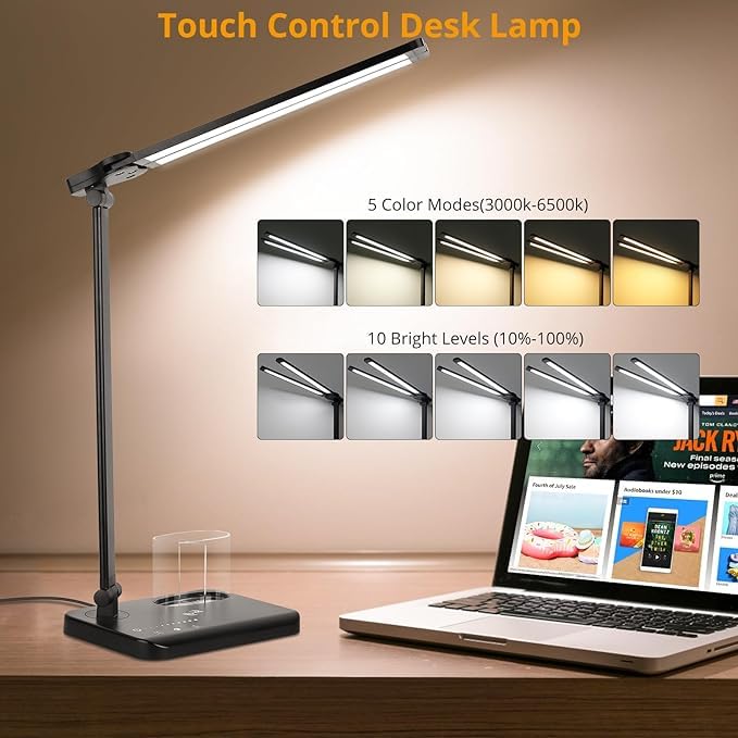 Woputne LED Desk Lamp with Dual Heads, 5 Color Modes & 10 Brightness Levels, Adjustable Reading Light for Home Office, Bedroom, Study, Craft (Black, Includes Adapter)