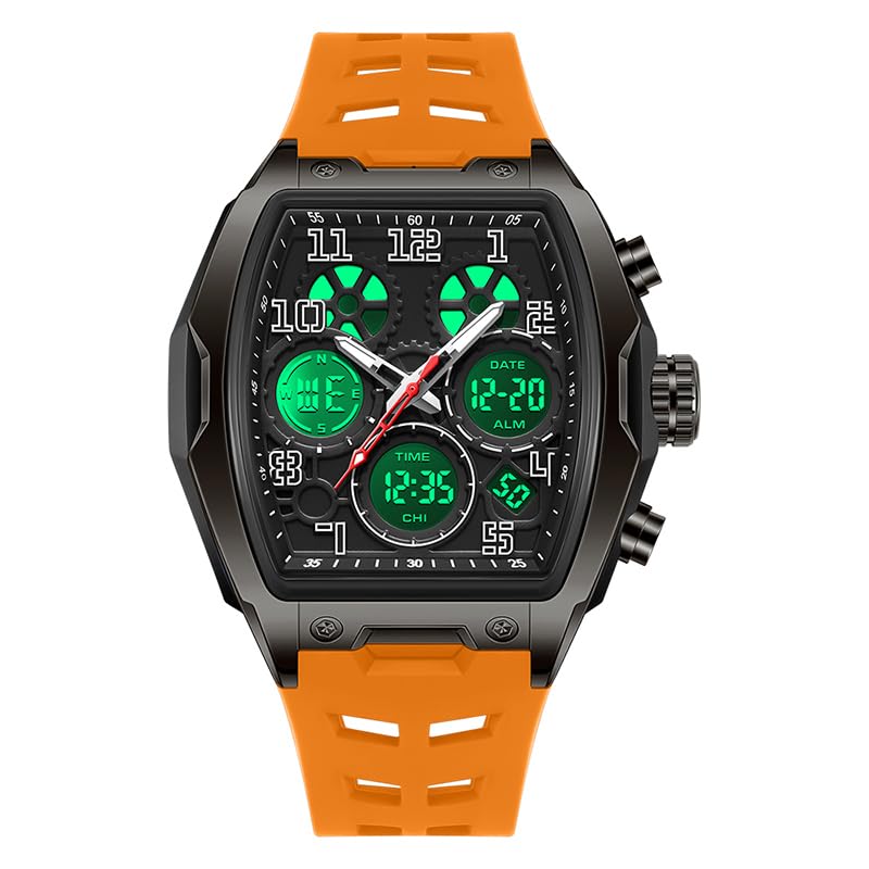 FANMIS Watch for Men Fashion Hollow Unique Rectangle Dial Wristwatch Waterproof Sport Digital Analog Dual Time Display Stopwatch Punk Cool Design Silicon Strap Dress Watch (Orange)