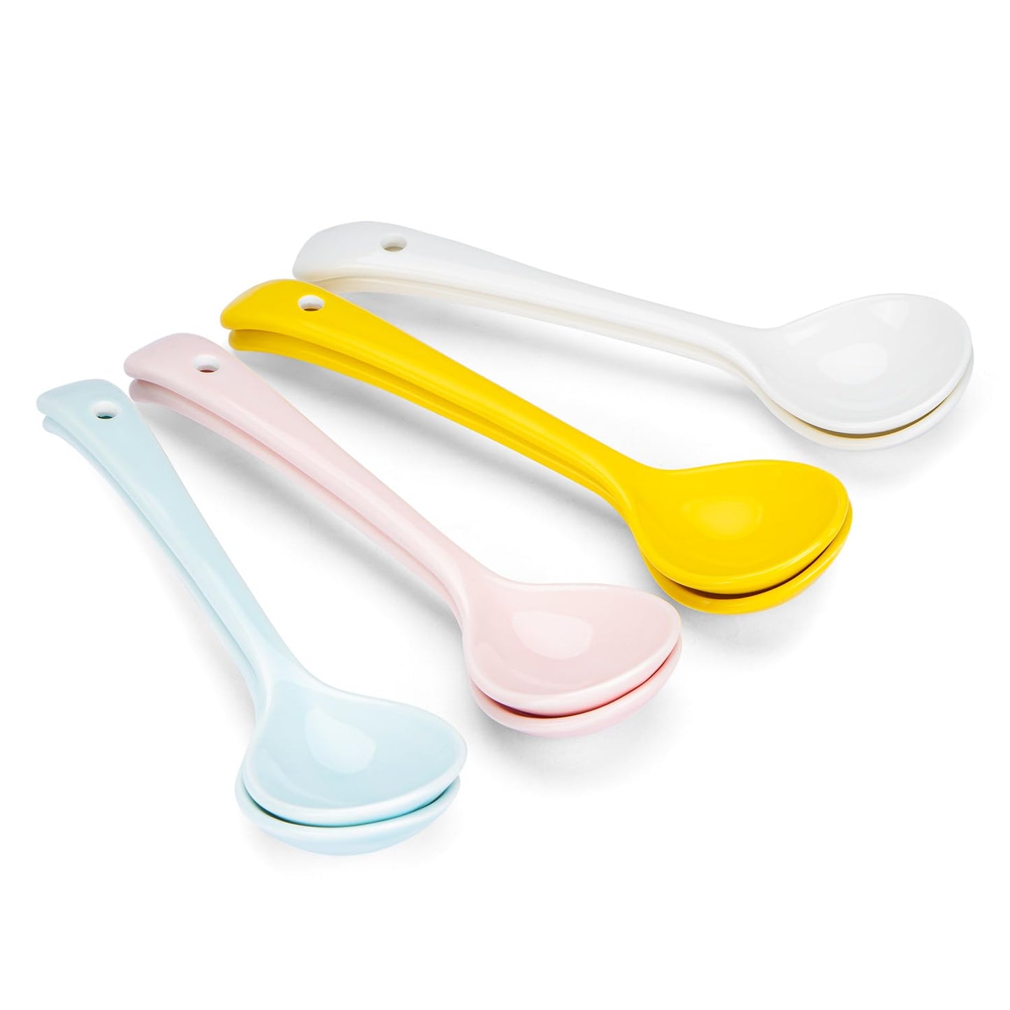Ceramic Spoons Set of 8, Ceramic Chinese Soup Spoon, Asian Soup Spoons, White/Blue/Yellow/Pink Japanese Spoon Large for Ramen Pho Wonton Dumpling Miso, Deep Oval Hook Design (8, 4-Color)