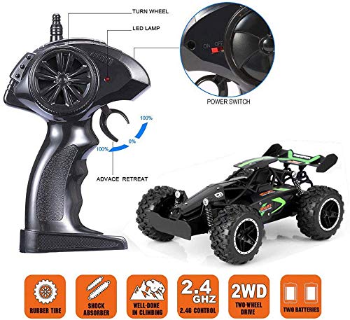 SZJJX Remote Control Cars โ 2.4GHz High-Speed RC Car for Kids, 15KM/H+ 2WD Off-Road Car with 2 Rechargeable Batteries, Electric Remote Control Truck Toy for Boys & Girls Gifts (Green)