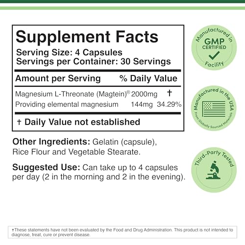 Double Wood Magnesium L Threonate Supplement | 120 Capsules (30 Servings) High Strength Magnesium L Threonate (4 per Serving) 2000mg