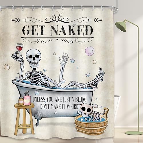 LGhtyro Funny Skull Skeleton Shower Curtain Gothic Spooky Cool Unique Hilarious Bone in Bathtub Bubbles Dog Halloween Bathroom Set 60Wx71H Inches Bath Accessories Art Home Decor Fabric 12 Pack Hooks