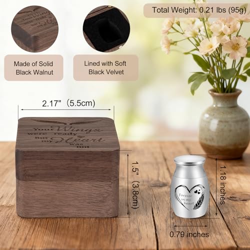 Dletay Angel Wing Small Urns for Human Ashes Square Wooden Keepsake Box 1.57 Inches Heart Mini Cremation Urns for Women Men Memorial Funeral Urn