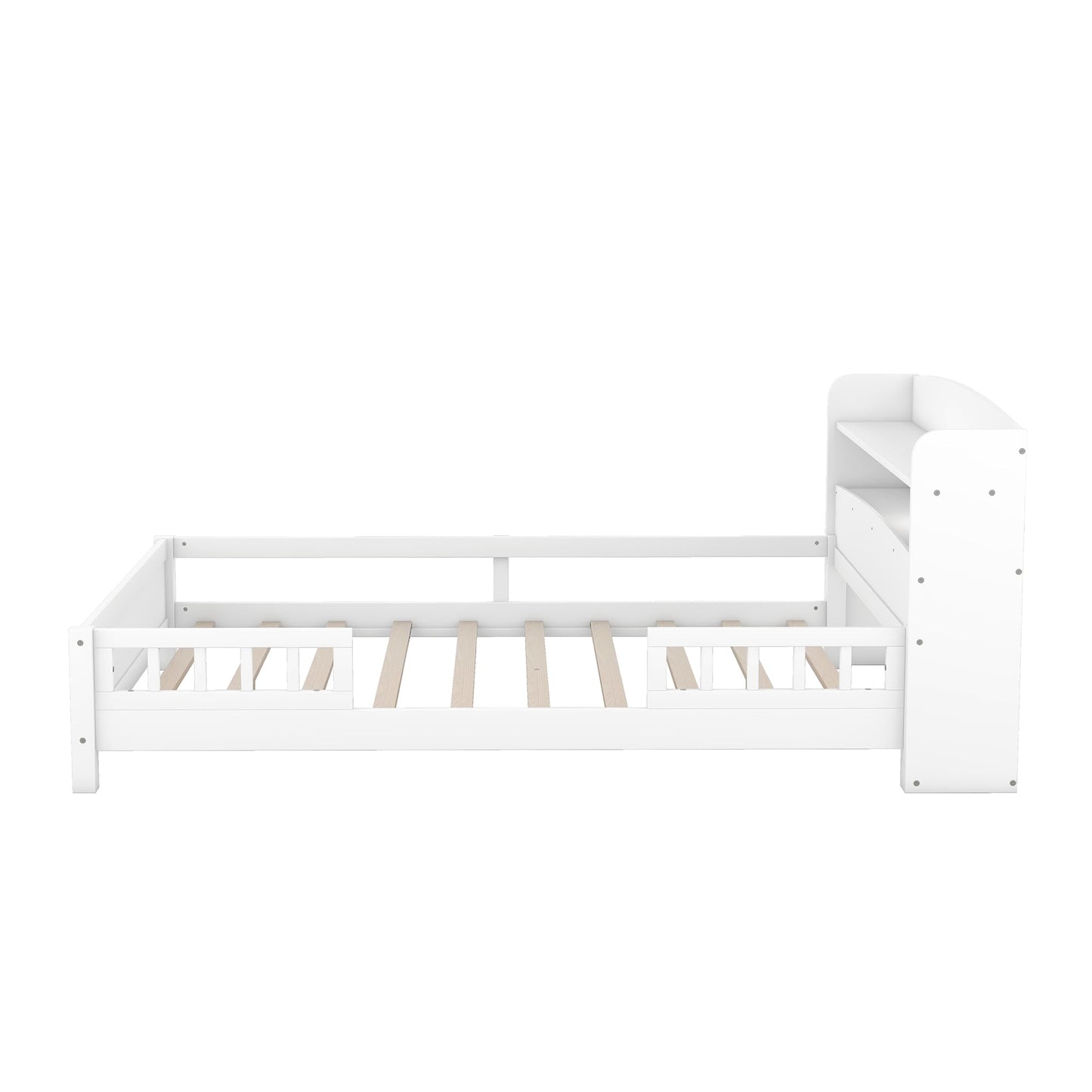 Merax Full Size Bed Frame, Solid Wood Full Platform Bed with Storage Headboard, Built-in Light and Safety Guardrail, Montessori Inspired Bed, No Box Spring Needed, White
