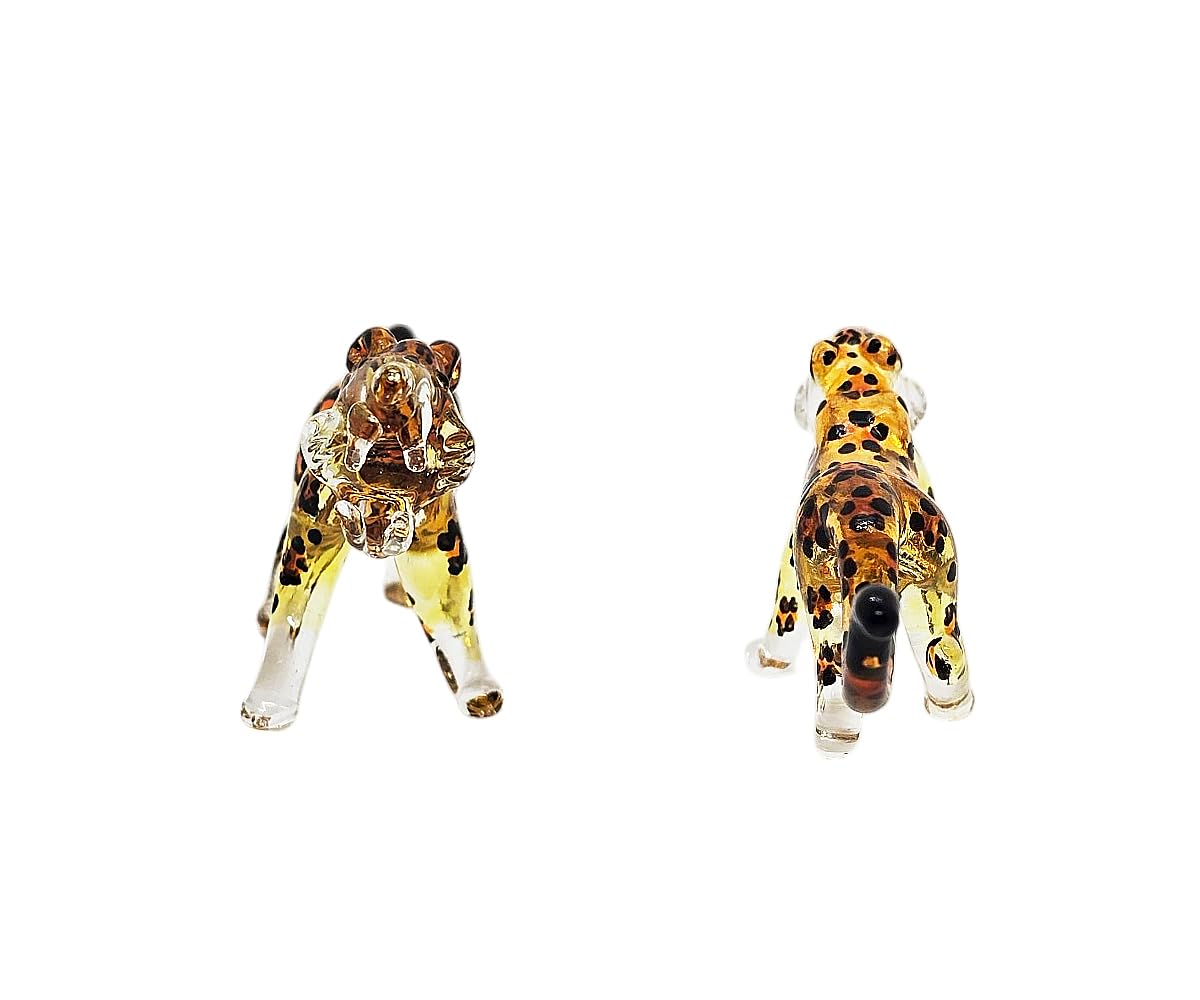ChangThai Design Tiny 3½" Yellow Black Spotted Roaring Leopard Cheetah Jaguar Figurine - Miniature Hand Blown Glass Wild Cats Wildlife Felidae Animal Crystal Decorative Collectible Figures Décor Gifts