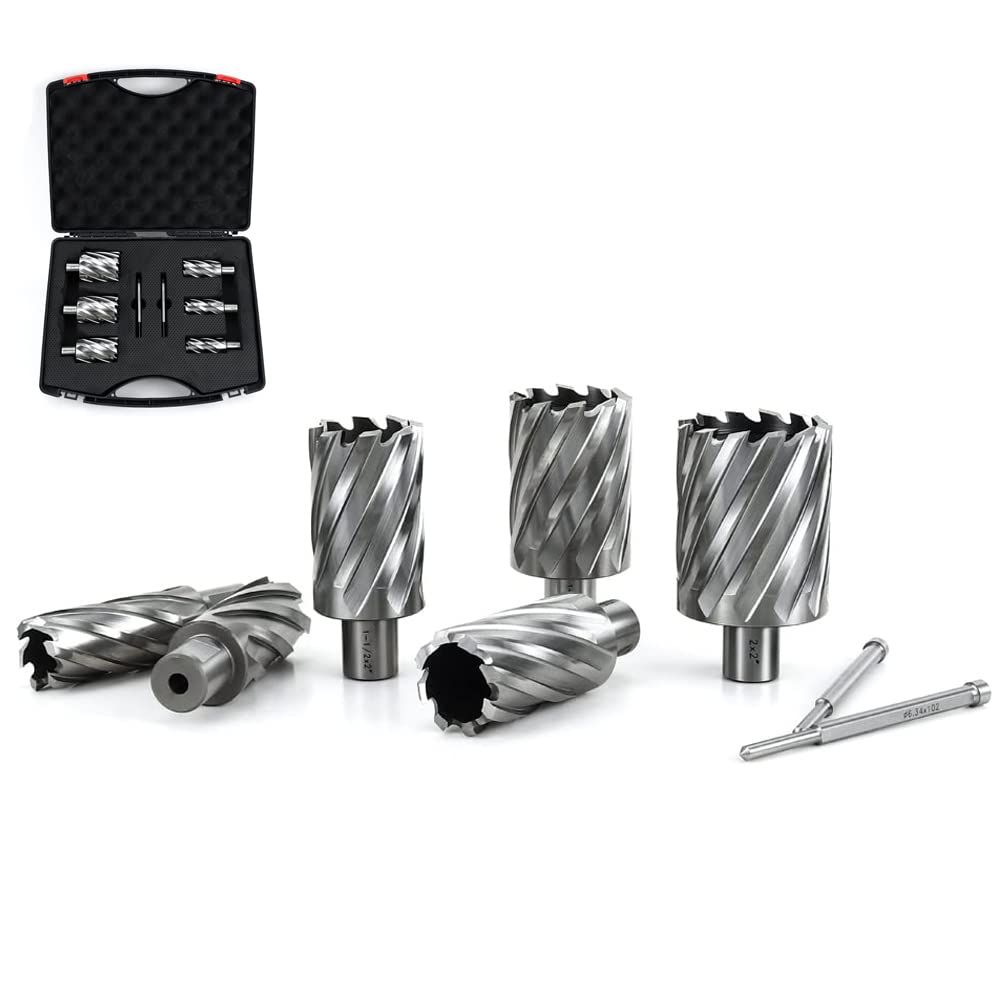 OSCARBIDE Annular Cutter Set 8 Pieces, 3/4" Weldon Shank, 2" Cutting Depth,Cutting Diameter(1,1-1/8,1-5/16,1-1/2,1-3/4 and 2) inch, Mag Drill Bits for Magnetic Drill Press with 2pcs Pilot Pins