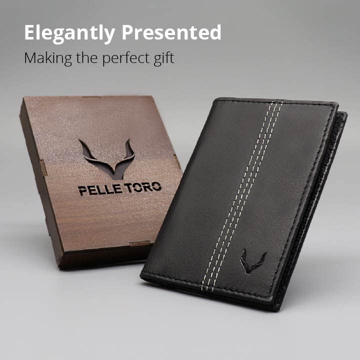 PELLE TORO Minifold Men's Leather Wallet with RFID Blocking Slim Contactless Handmade Minimalist Wallet in Gift Box for Men, Charcoal Grey/Caramel, Taille Unique