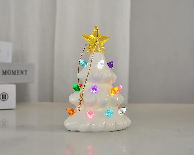B SEPOR Set of 3 Mini 4.5" Inch Nostalgic LED Ceramic Christmas Tree with Lights Xmas Tree That Light Up Hanging Ornaments White Golden Green Assorted for Holiday Decoration and Gifts