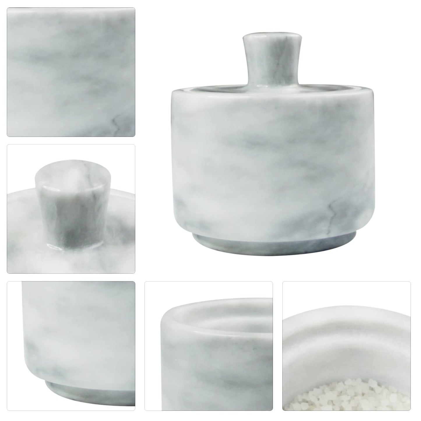 HESHIBI Marble Salt Cellar with Lid, White Stone Salt or Pepper Bowl Box Container Jar Holder Well Keeper Dish Pig Crock