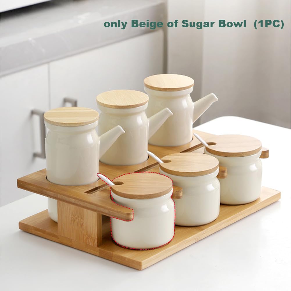 Frinovalt Ceramic Sugar Bowl, Porcelain Sugar Pot with lid and Spoon, 300ml/10.56oz Seasoning Storage Jar Salt Pot Salt Container for Coffee Bar, Home Kitchen(Beige)