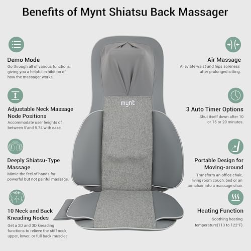 Mynt FSA HSA Eligible 3D Shiatsu Neck and Back Massager for Chair with 10 Deep Kneading Nodes, Adjustable Gray Back Massage with Heat, Portable Massage Chair Pad, Gifts for Father Day