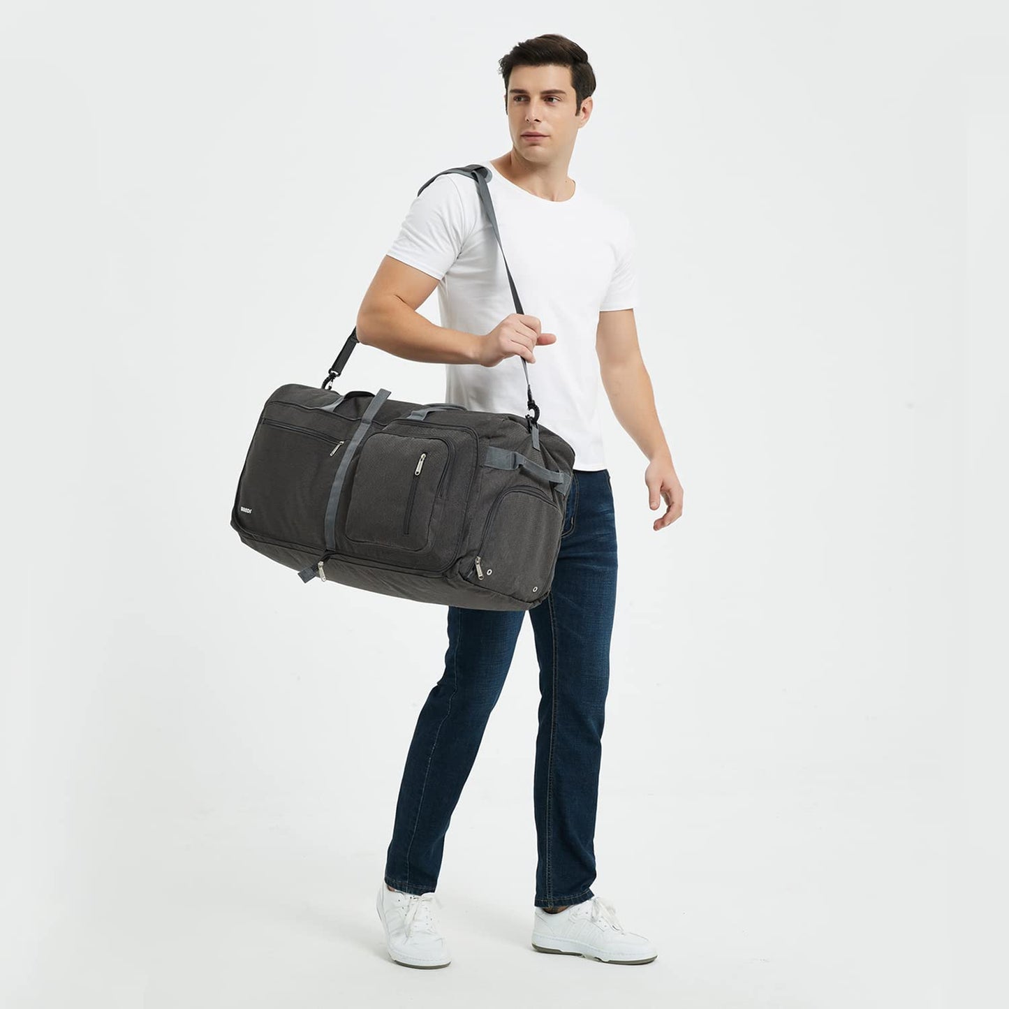 WANDF Travel Duffle Bag 65L Shoes Compartment Foldable Overnight Weekender Bag Carry On Bag for Men Women (Grey)