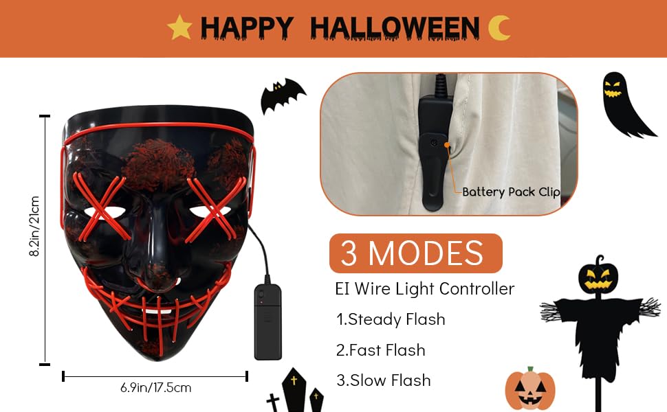 Jsdoin Halloween Masks, Scary LED Purge Mask, Light up Mask Cosplay, LED Rave Face Mask Costume 3 Lighting Modes, Halloween Face Masks for Men Women Kids (Red)