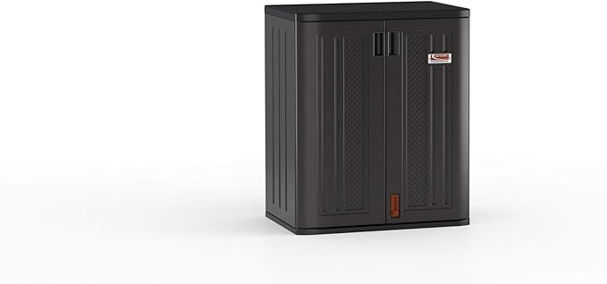Suncast Heavy-Duty Resin Outdoor Storage Cabinet, 30" W x 20.25" D x 36" H Dark Grey Base Garage Storage Cabinet with Lockable Doors and Metal Reinforced Shelves, Made in The USA