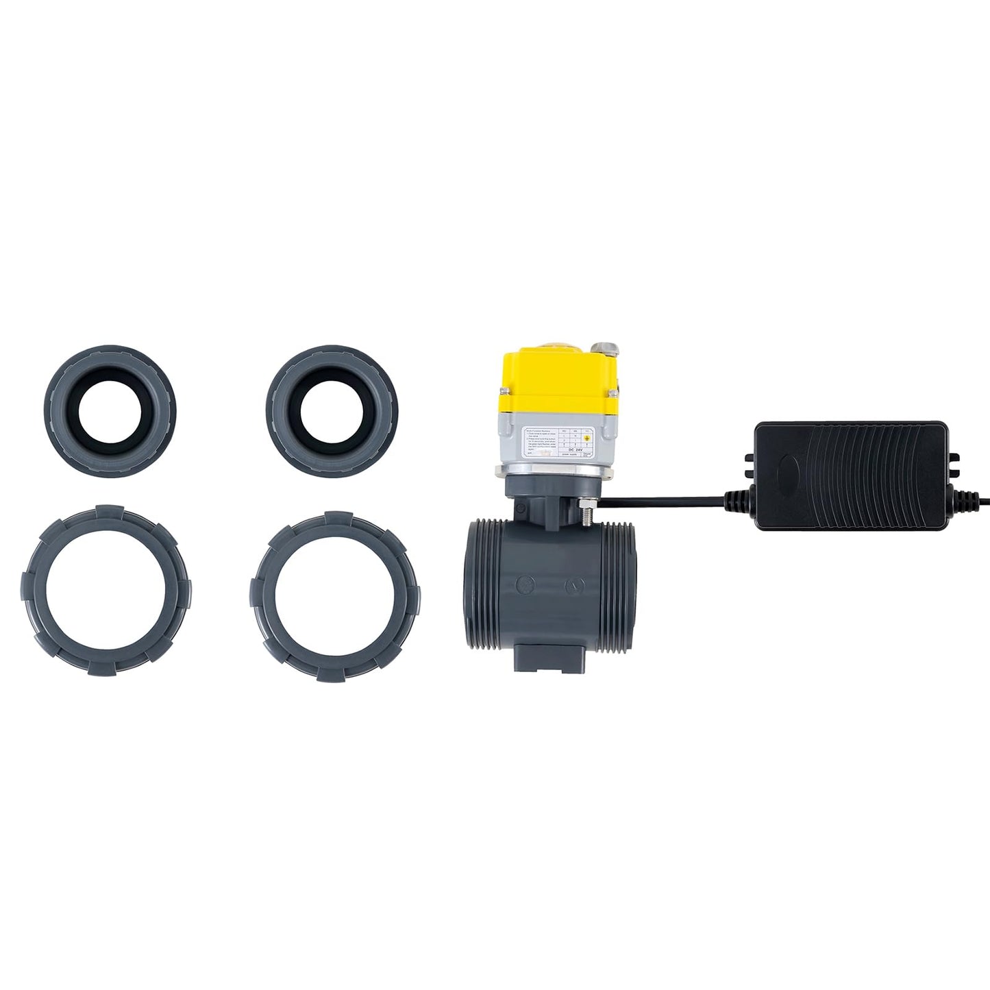 Electric ball valve 3/4 inch full bore 2-way PVC union ball valve, DC24V AC110V-230V power adapter and automatic return setting. Normally closed electric water valve DN20MM
