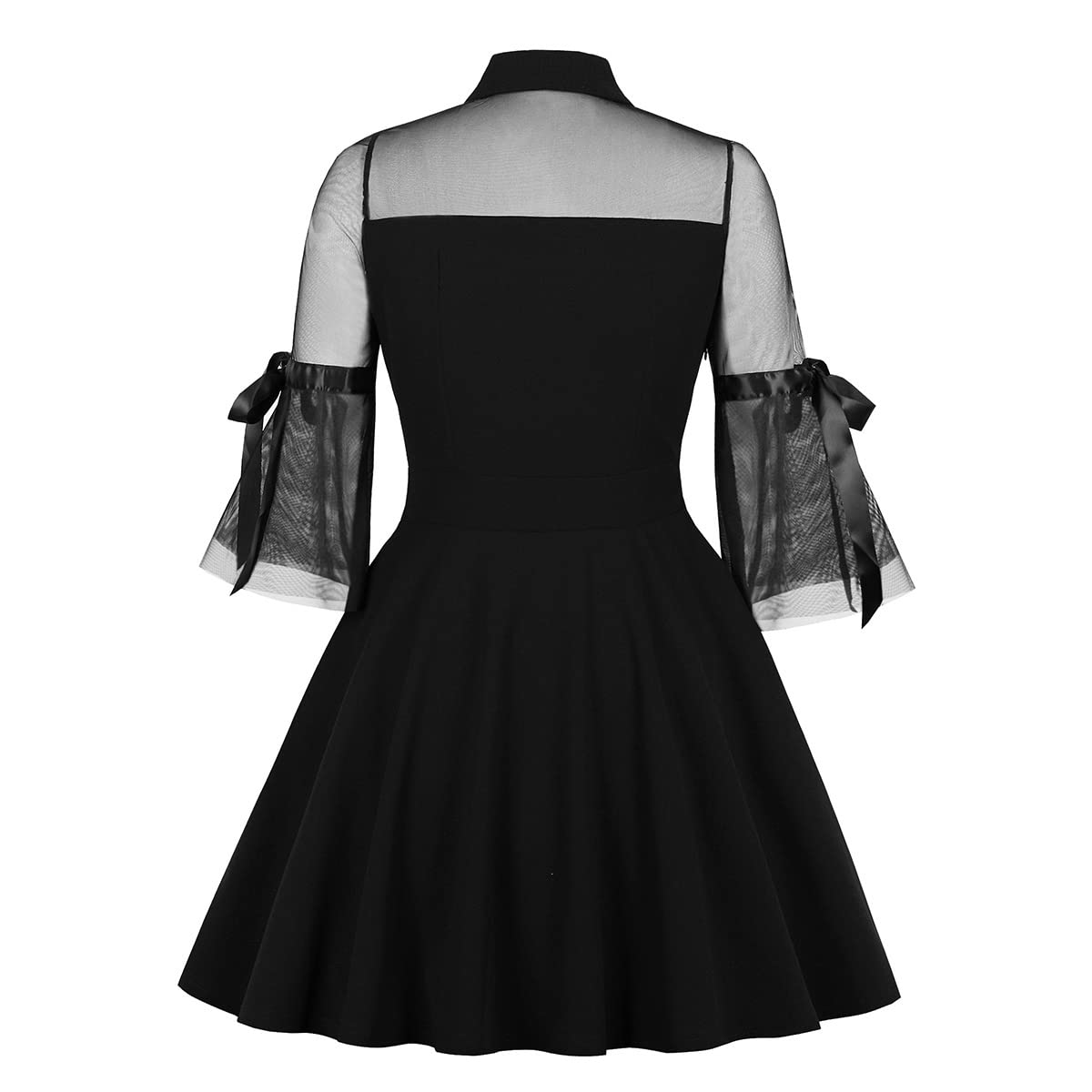 Women Peter Pan Collar Bell Sleeve Vintage 1950s Cocktail Swing Dress Keyhole Mesh Sheer Gothic Mini Dress Panel Vintage Flared A-line Prom Dress Wedding Evening Party Goth Dress Black-Bell Sleeve S