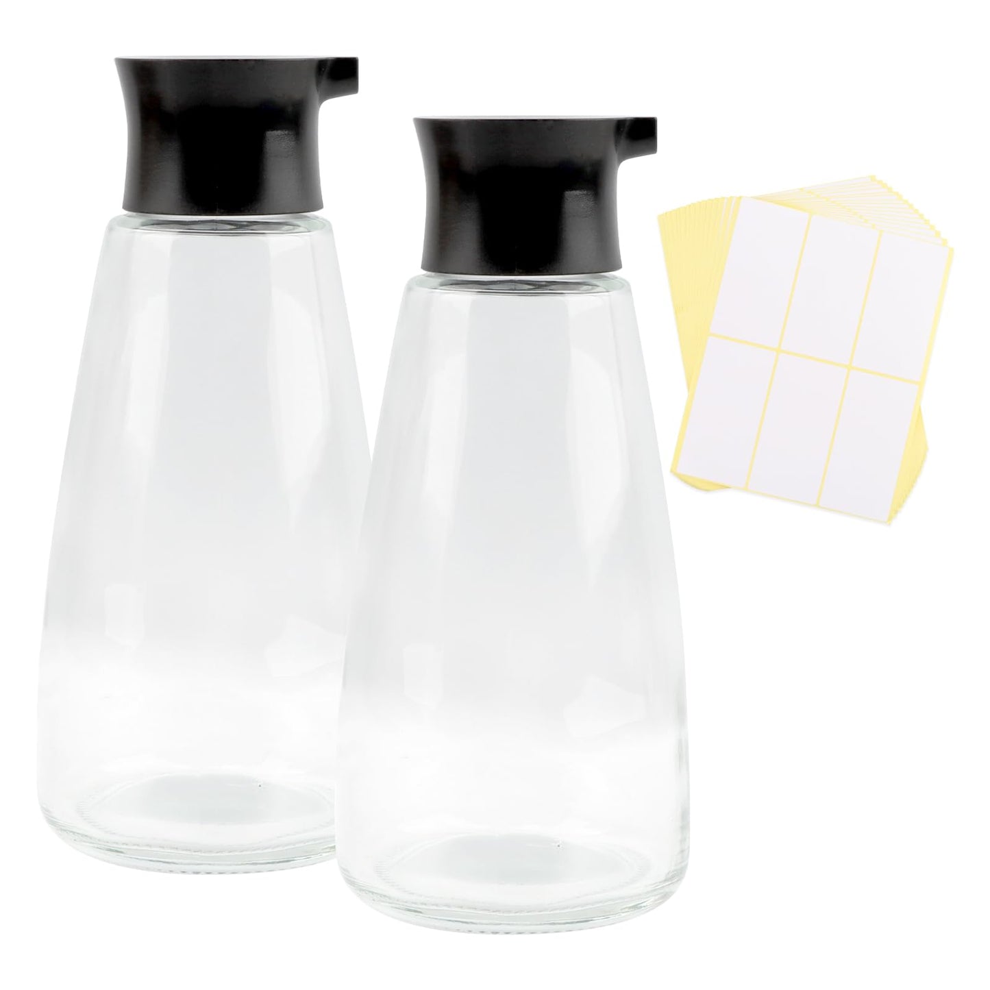 Quivorant 2pack Glass Soy Sauce Dispenser, 9.6oz Leak-Proof Clear Oil and Vinegar Bottles with Spout, Soy Sauce Containers Set with Blank Writable Labels, Cruet Dispenser for Kitchen Cooking Barbecue