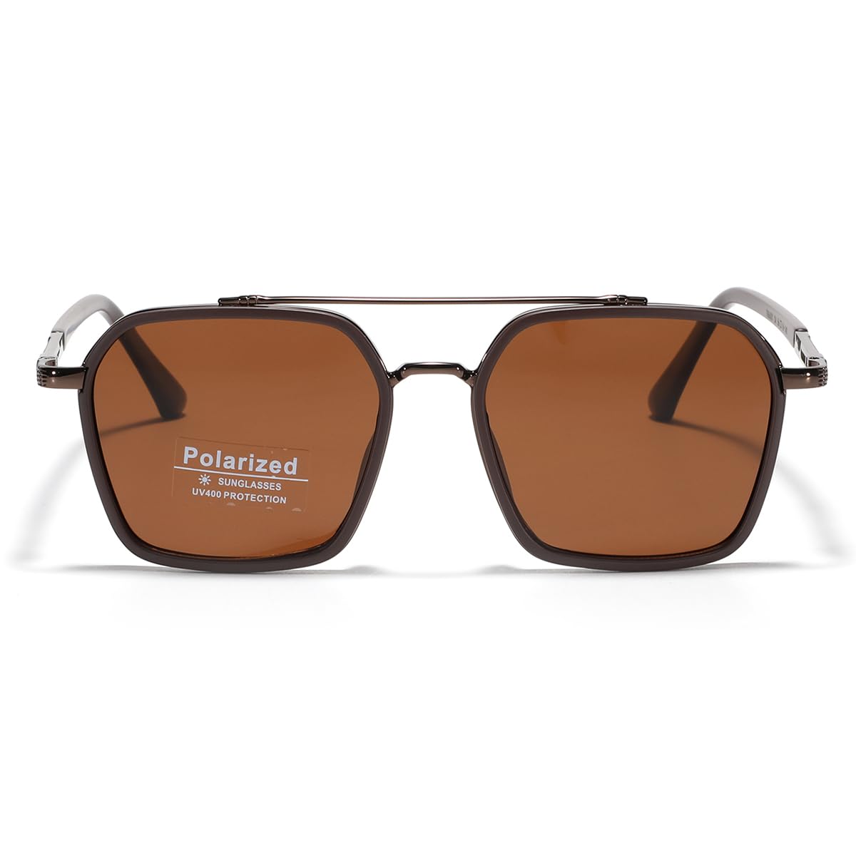Metal Square Frame Sunglasses Big Tr90 Double Bridge Polarized Sun Glasses TAC Lens Unisex Glasses, Brown