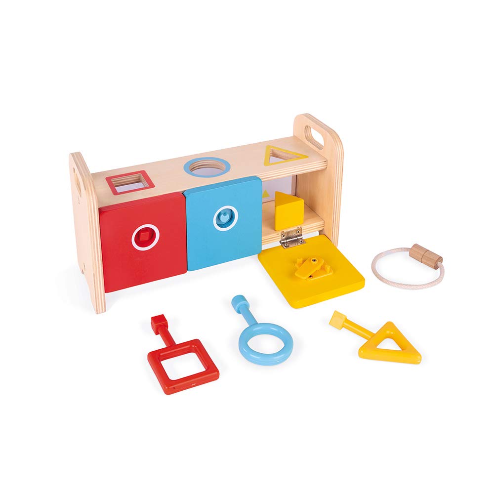 Janod Shape Sorter Box with Keys – Wooden Sorting Toy with Geometric Shapes – Ages 18+ Months- J05065