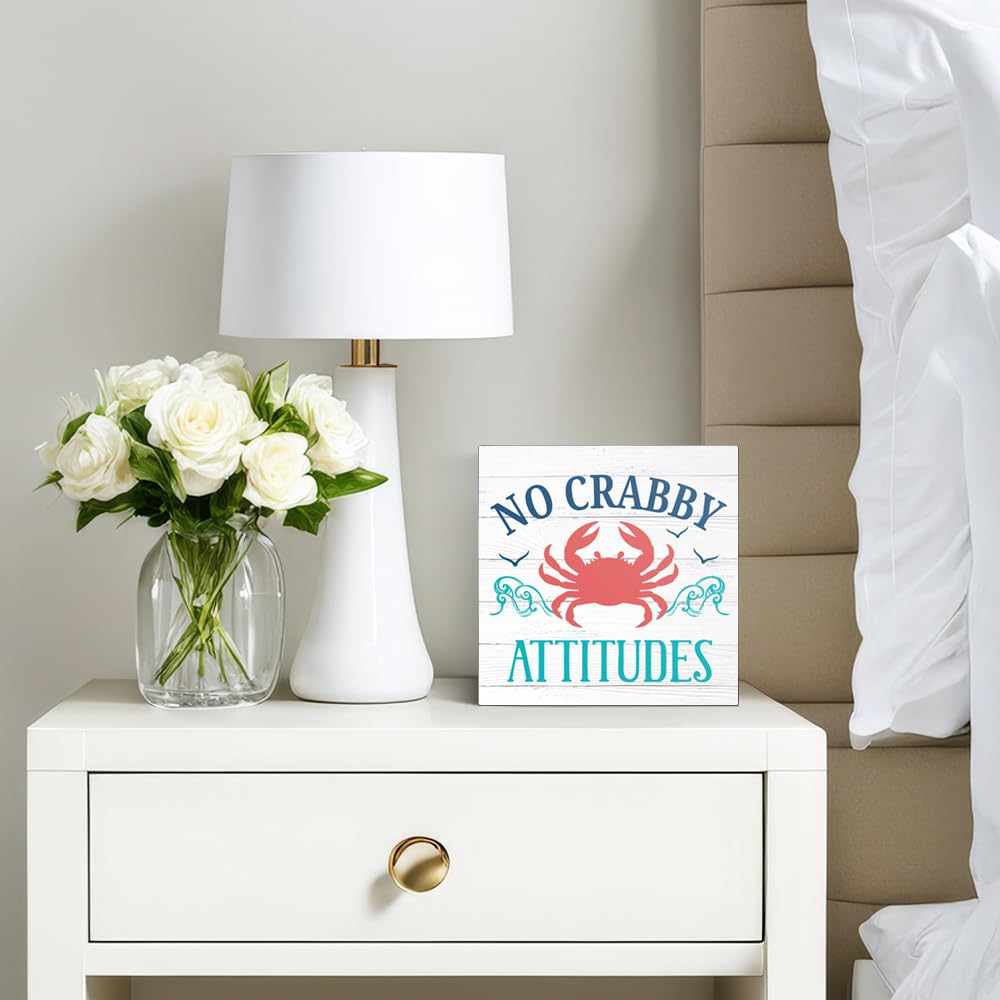 Pishovi No Crabby Attitudes Wooden Box Sign, Inspirational Phrase Decorative Plaque for Home Kitchen Bathroom Bar Café, Beach Theme Desk Plaque, Housewarming Gifts for Friend Coworker