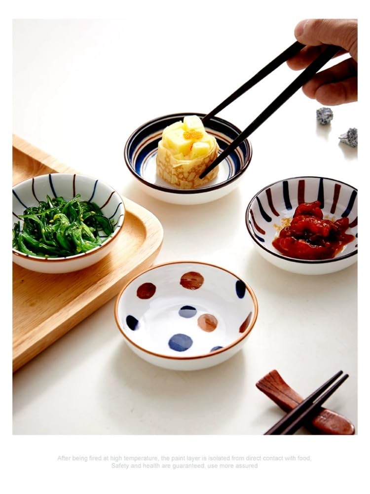 yaocoral 4 Pack 3 oz Cute Japanese Soy Sauce Dish Small Dipping Sauce Bowls Ceramic Sushi Dipping Bowls for Sushi,Side Dish,Ketchup,Dips,Condiment,Snack,BBQ Party
