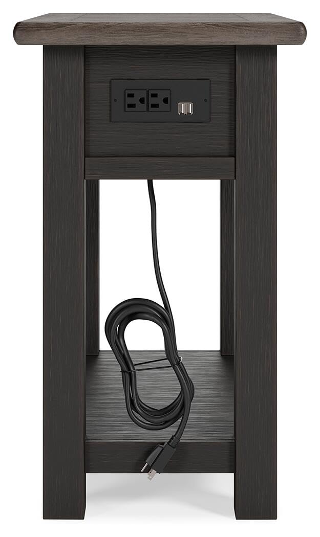 Signature Design by Ashley Narrow Side Table with Charging Station, Tyler Creek Chairside End Table, Wood, Smooth-Gliding Storage Drawer, Living Room Furniture, Grayish Brown/Black