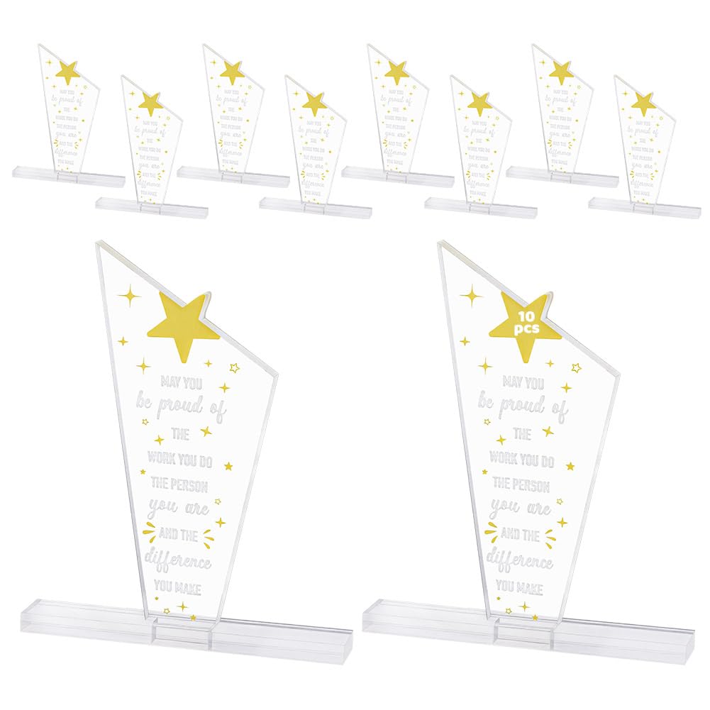 CUTHOLLOW Bulk 10 Sets Acrylic Recognition Desk Block 5.51x6.42 Inch/14x16.3 cm Clear Self Standing Trophy Lightweight Crystal Look Employee Appreciation Award for Coffee Station Display, Transparency