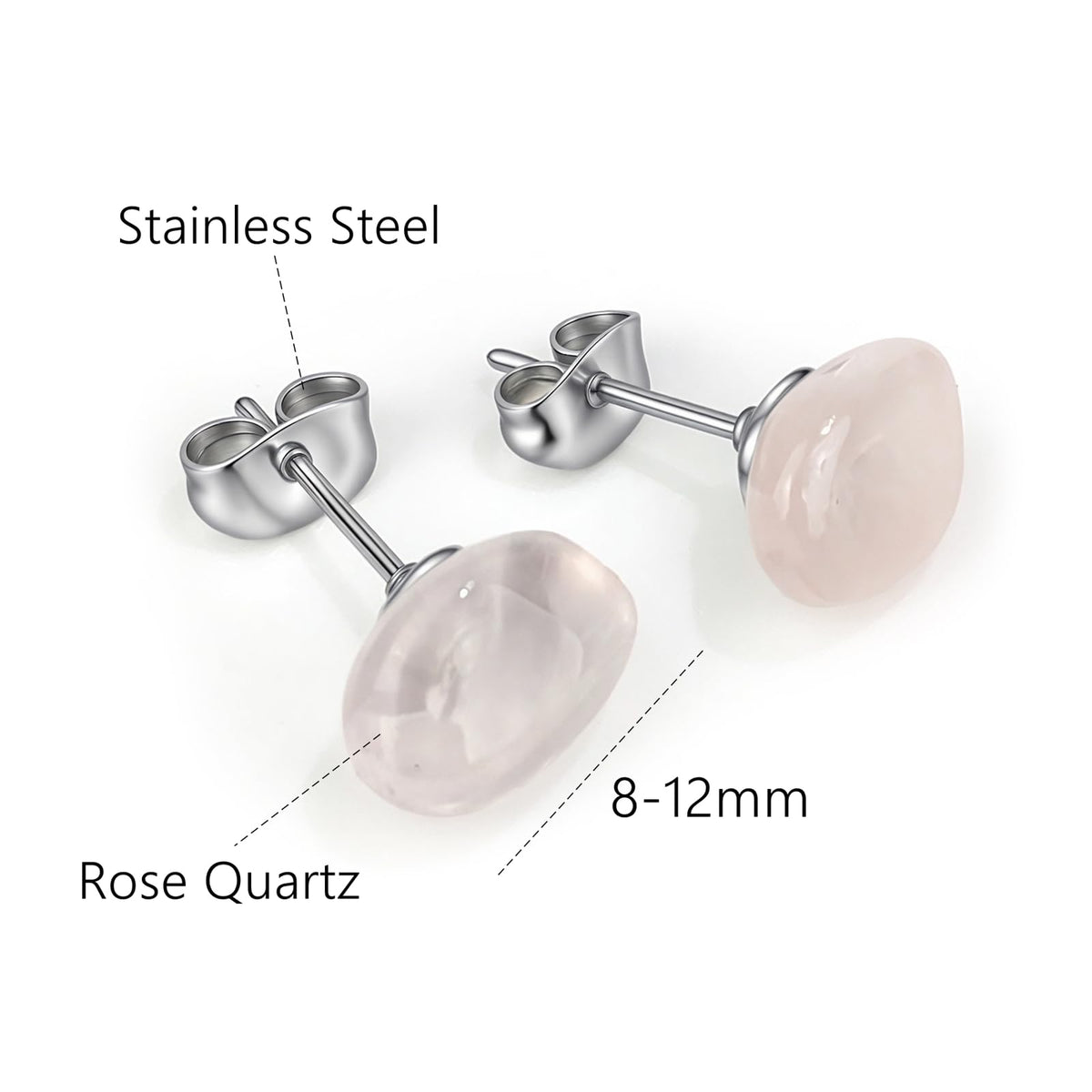 ZILENIU Rose Quartz Stud Earrings, 8-12mm Pink Stone, Handmade, Hypoallergenic Stainless Steel, Casual Wear