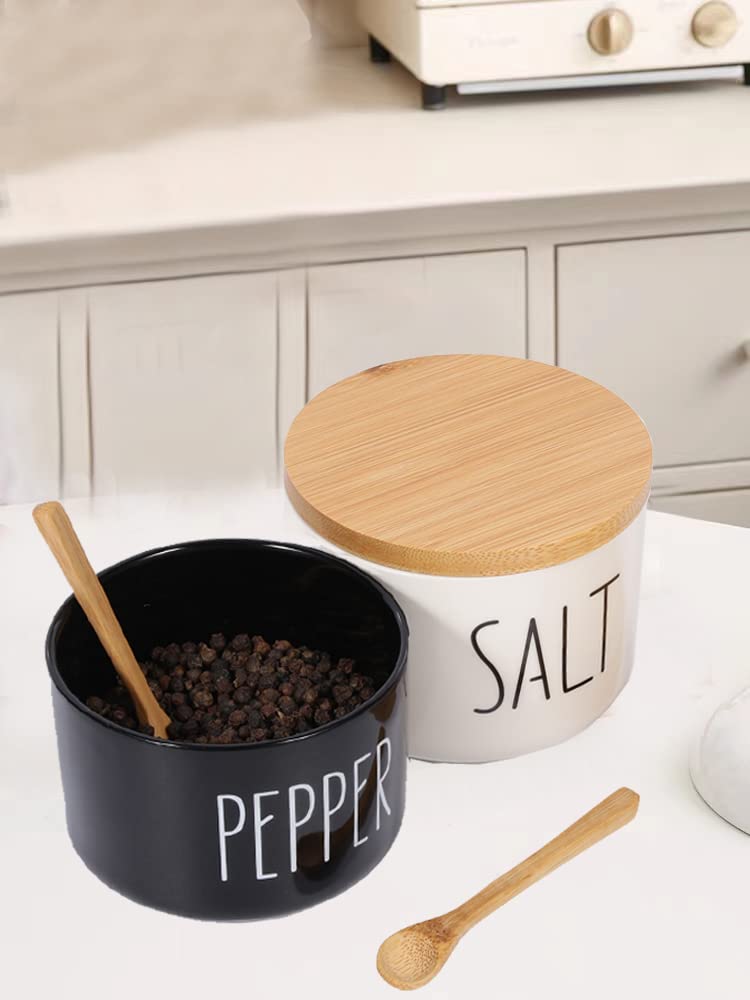 VICUKIE Farmhouse Salt And Pepper Bowls,Stacked Ceramic Salt Cellar With Bamboo Lid, Salt Container With Lid Spoon, Modern Farmhouse Kitchen Decor, Spice Box(Darker Black & White)