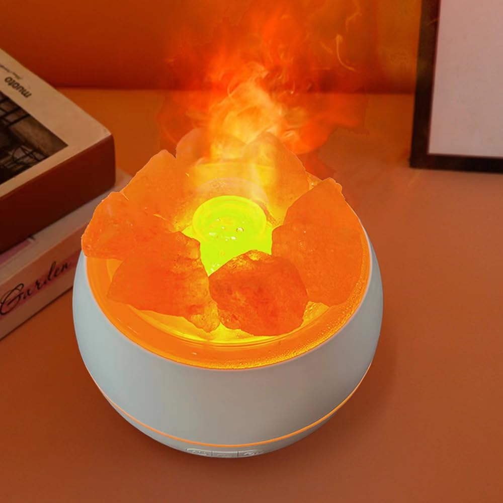 YZYOE Himalayan Salt Stone LED Ambient Light Humidifier, Dual Mode Flame Light and Gradient Color USB Aromatherapy Machine, A Combination of Two In One Bedside Night Light and Humidifier.