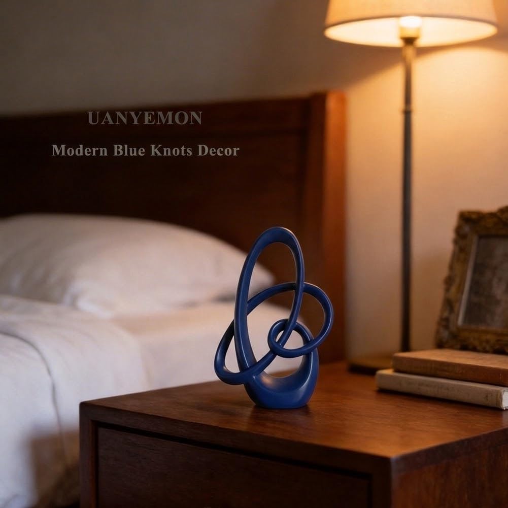 Modern Blue Knots Decor - 7.1" Resin Blue Knot Statue, Abstract Navy Art Sculpture Home Decor for Living Room, Coffee Table, Shelves, Entryway, Office Tabletop Accent, Decorative Knick Knacks Gift