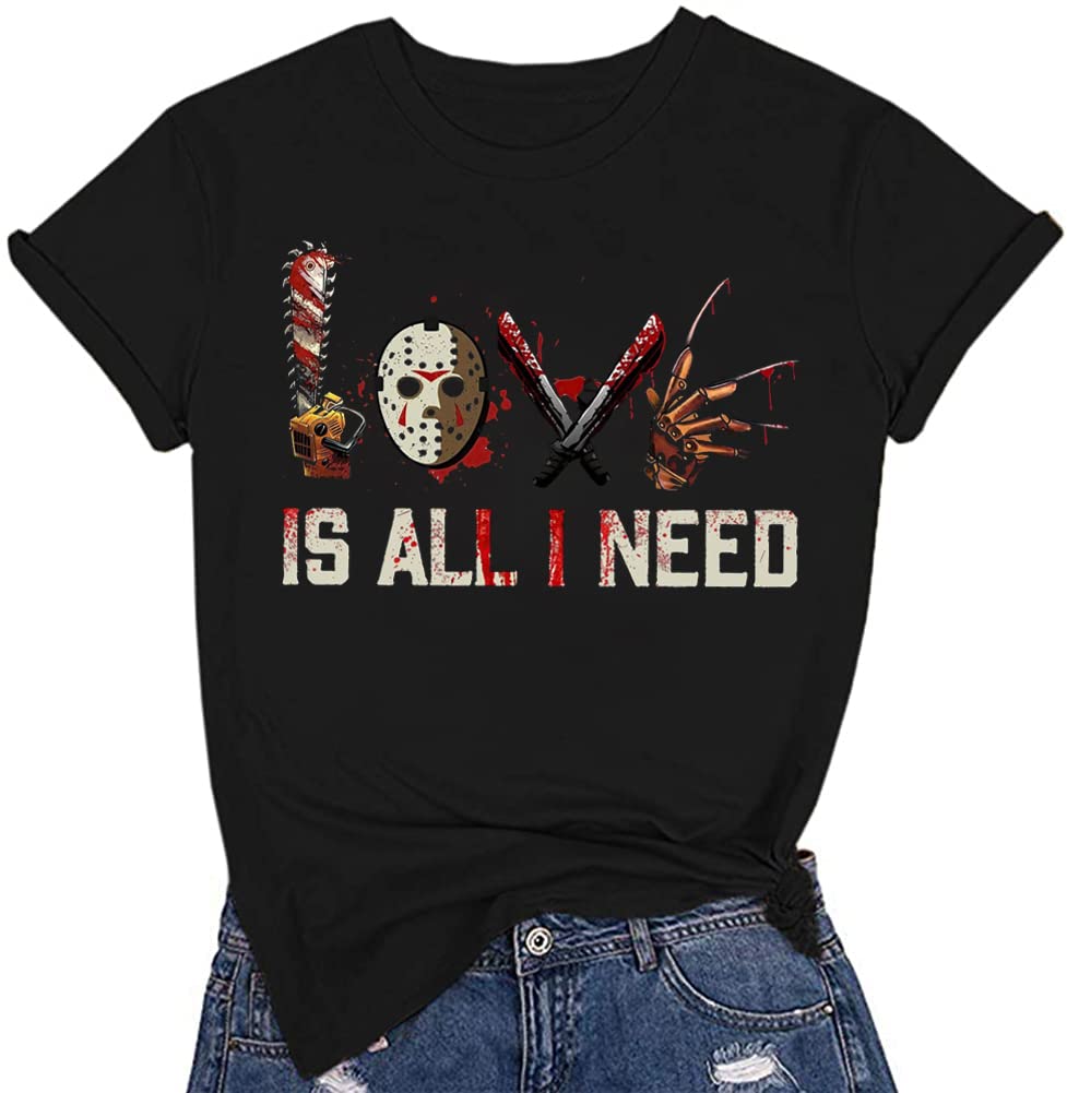 Love is All I Need Halloween Squad Shirt Women Novelty Horror Movies T-Shirt Halloween Scary Graphic Short Sleeve Top (L, Black)