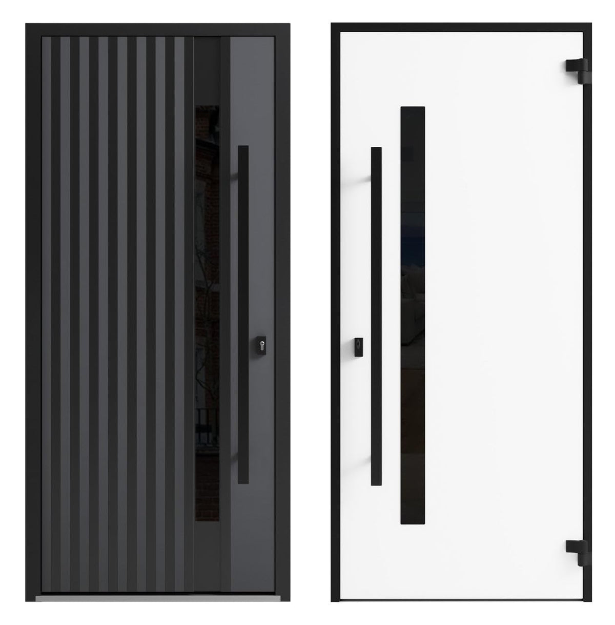 VDOMDOORS Front Exterior Prehung Steel Door/Ronex 0144 Grey / 2 Side and Top Exterior Window Sidelite/Entry Metal Modern Painted W16+36+16" x H80+16" Left Hand Inswing