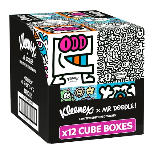 Kleenex x Mr Doodle Limited Edition Design Multipack Facial Tissues - 12 Cube Tissue Boxes, Designed in Collaboration with Mr Doodle, Made to Look Beautiful in The Home.