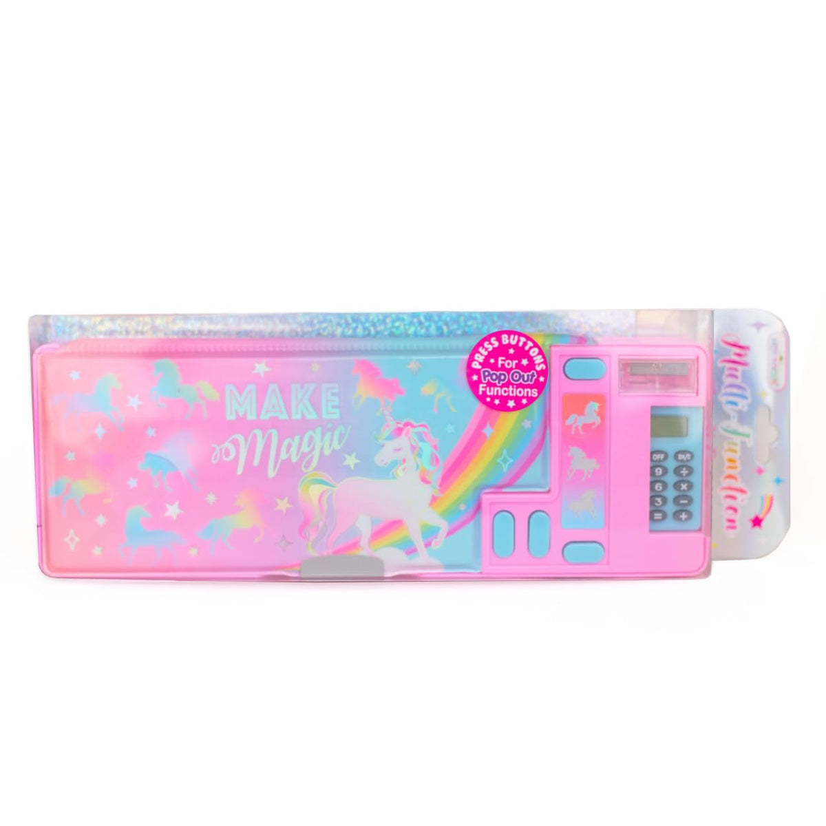 Hot Focus Unicorn Pencil Case – Multifunction Mechanical Pencil Box for Girls, 2 Compartments w/Pop-Out Calculator & Sharpener, Stationery Set, Perfect Stationery Gift for Kids & Teens (Unicorn)
