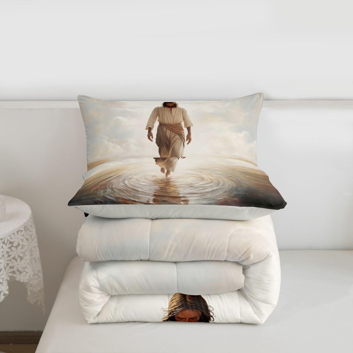 Manfei God Walking on Water Girls Bedding Set Twin Size,Bible Verse Western Faith Comforter Set,Modern Artwork Spiritual Quilt Comforter Girls Boys Teens,Beige Gray Room Decor All Season,1 Pillowcase