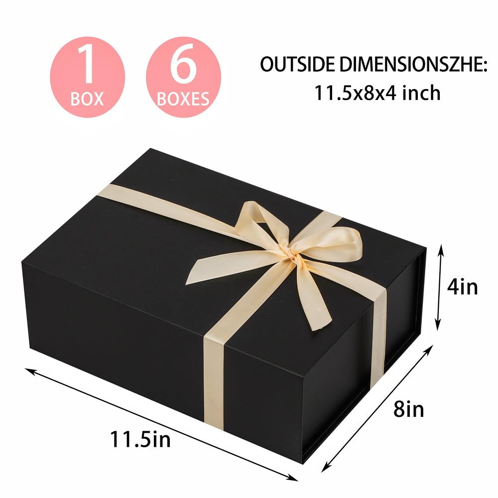 UoeRing 1 Pcs Black Gift Box 11.5x8x4 inch Luxury Gift Box for Presents with Magnetic Lid Collapsible,Birthday,Christmas,Contains Card, Ribbon, Tissue Paper,Shredded Paper Fille