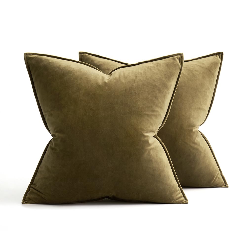 MIULEE Olive Green Velvet Throw Pillow Covers 20x20 Soft Decorative Solid Square Cushion Cases Pack of 2 Modern Luxury Home Decor for Couch, Sofa, Bedroom