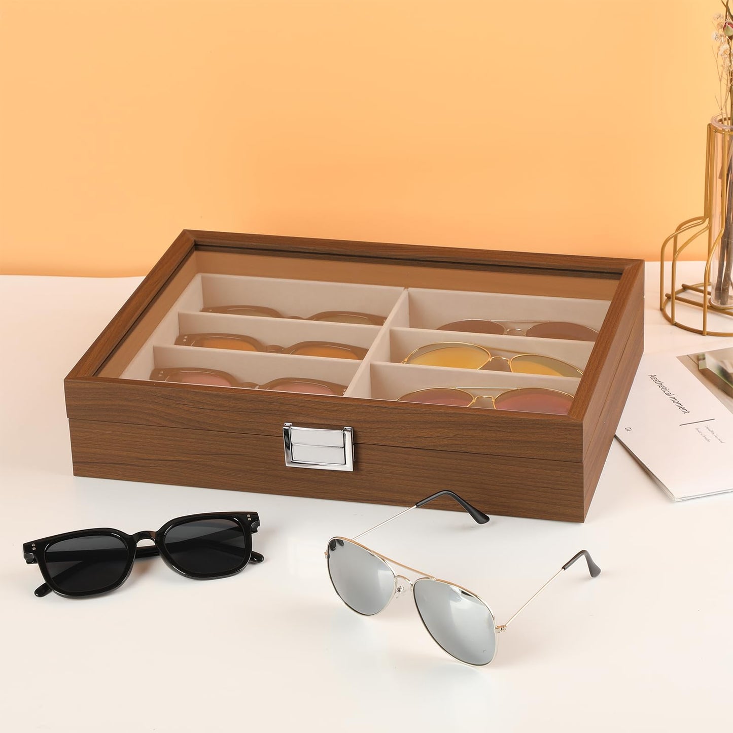 Baojulong Wooden Sunglasses Organizer Box, Eyewear Display Eyeglass Case for Men Women, Glasses Storage Box Sunglass Holder Gifts (8 Slots)