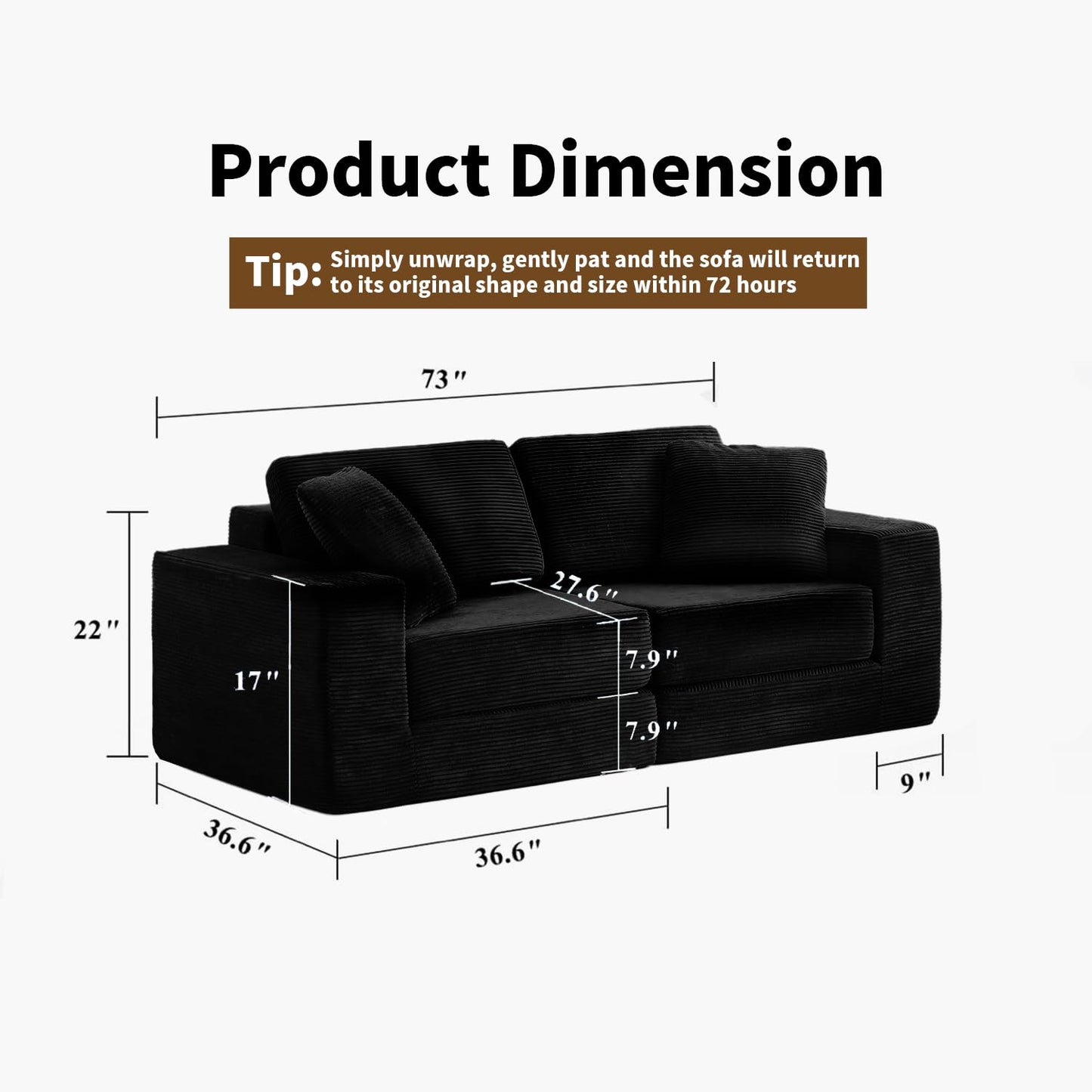 FILUXE Modular Sectional Sofa, Modern Modular Sofa Couch with Deep Seat,Comfy Cloud Couch, Sectional Couches for Living Room, Bedroom and Apartment,2-Seater,Black