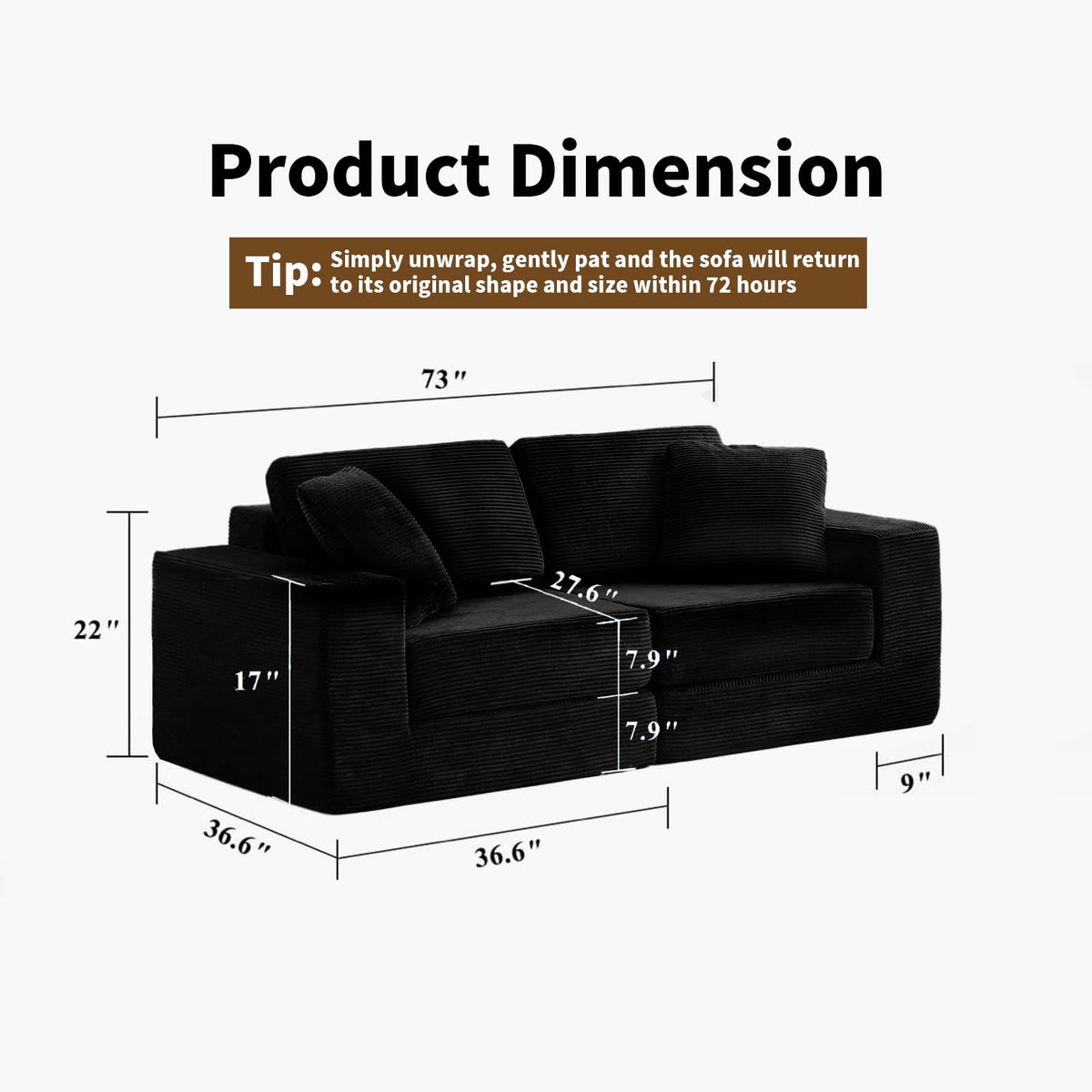 FILUXE Modular Sectional Sofa, Modern Modular Sofa Couch with Deep Seat,Comfy Cloud Couch, Sectional Couches for Living Room, Bedroom and Apartment,2-Seater,Black