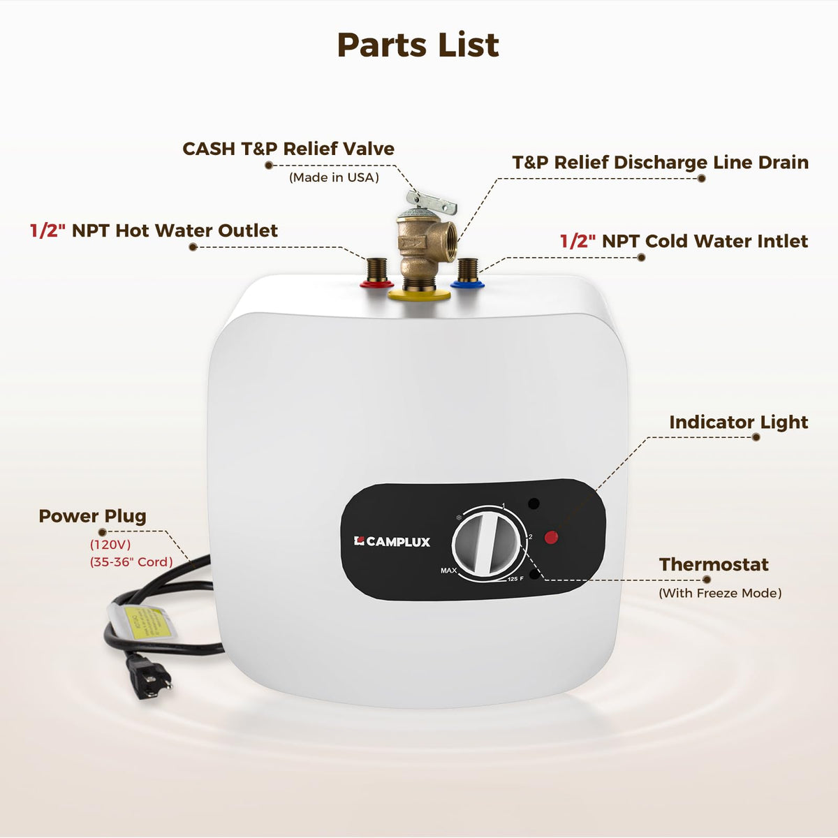 CAMPLUX Electric Mini-Tank Water Heater 8 Gallon (ME80B) On-demand Endless Water Heater, 120-Volt Corded 1440W, Under Sink, Wall or Floor Mounted