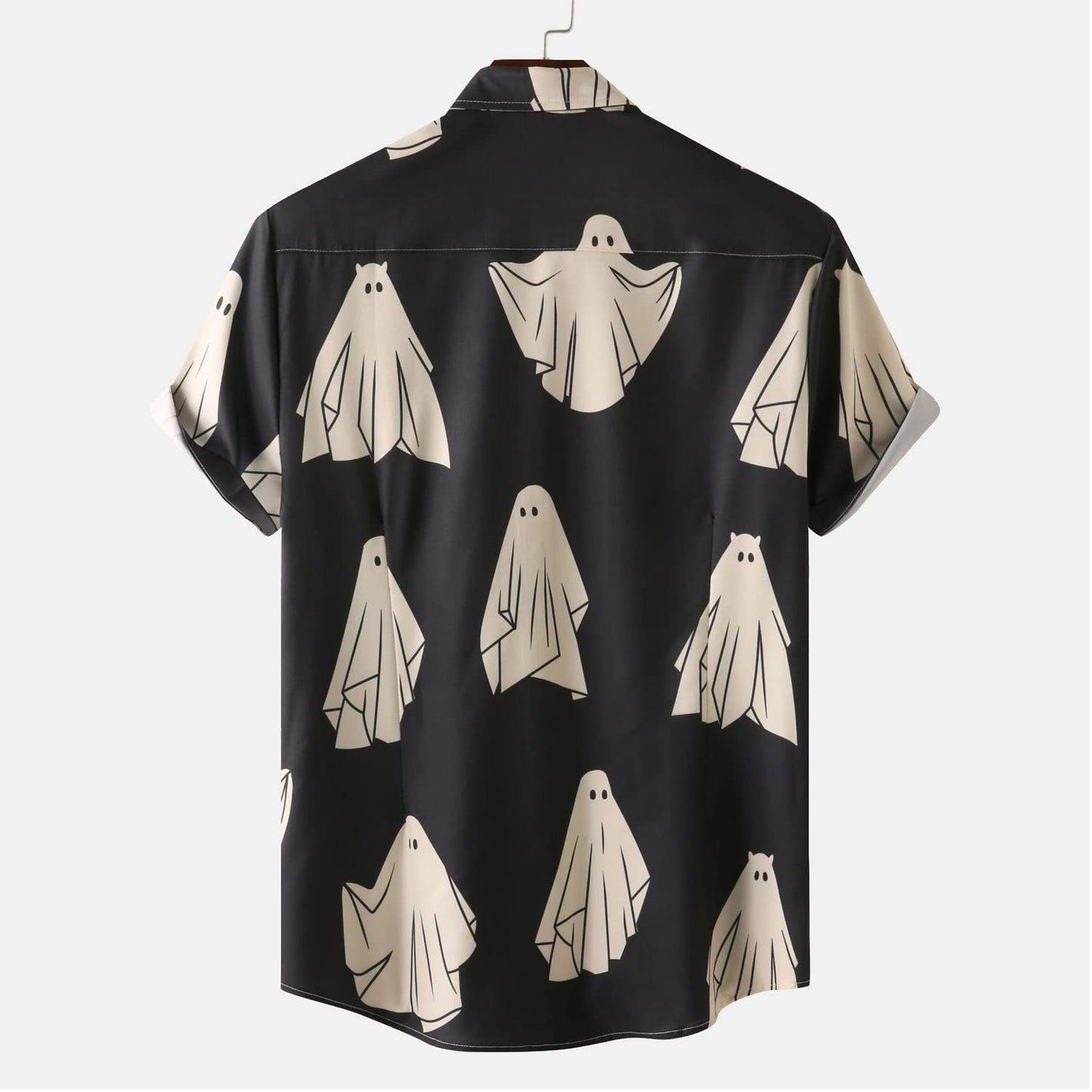 Size M Black Ghost Ghost Halloween Shirt Men Fun Pumpkins Skull Short Sleeve Button Down Hawaiian Holiday Shirts