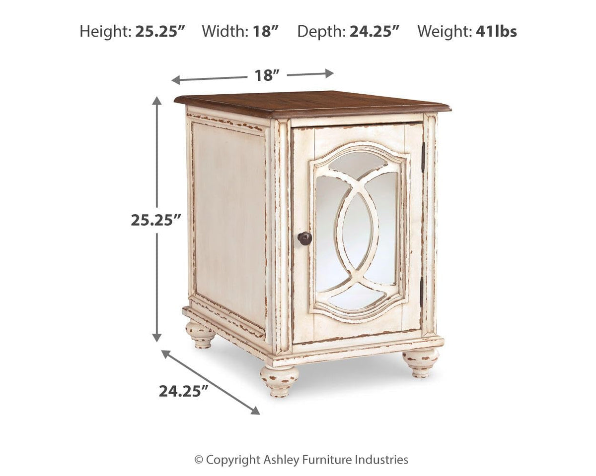 Signature Design by Ashley Realyn Chairside End Table, Living Room Side Table, Antique Two-Tone Mirrored Door, Ash Veneer, Wood and Engineered Wood, White/Brown, 18"W x 24"D x 25"H