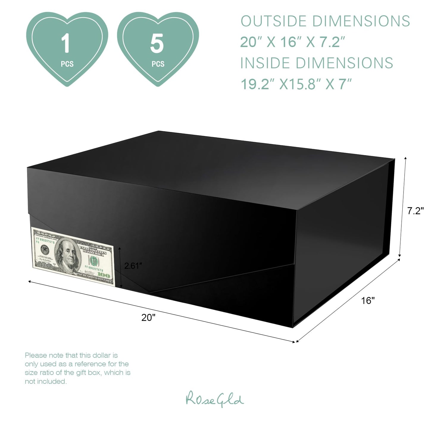 ROSEGLD Extra Large Gift Box 20x16x7.2 Inches, Giant Black Magnetic Gift Box with lids for Presents, Groomsman Proposal Box (Glossy Black)