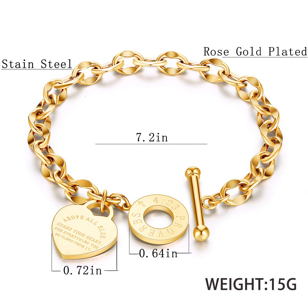 kelistom 316L Stainless Steel Love Heart Charm Bracelet for Women Romantic Gift 18k Gold Plated OT Clasp Bracelets (18k gold)