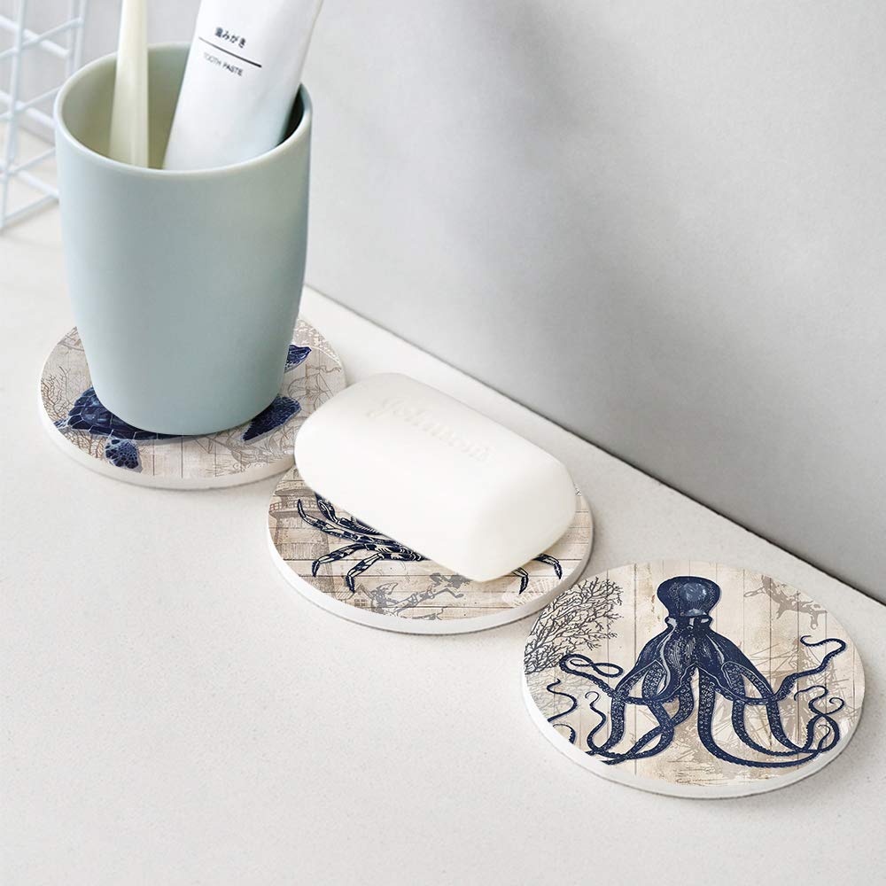 Absorbent Coasters Natural Ceramic Thirsty Stone Navy Blue Octopus Seahorse Crab Turtle Ocean Theme Coaster Set for Drinks Cork Backing (sea Animals)…